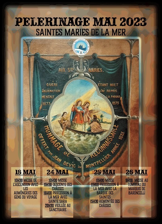 Affiche de la Fête des Gitans et pèlerinage 2023 aux Saintes Maries de la mer en Camargue