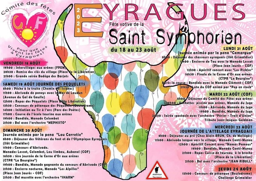 Fête votive Saint Symphorien 2023 à Eyragues dans les Alpilles - Le programme complet des festivités : Intervillages, taureaux, apéro, soirée, dj