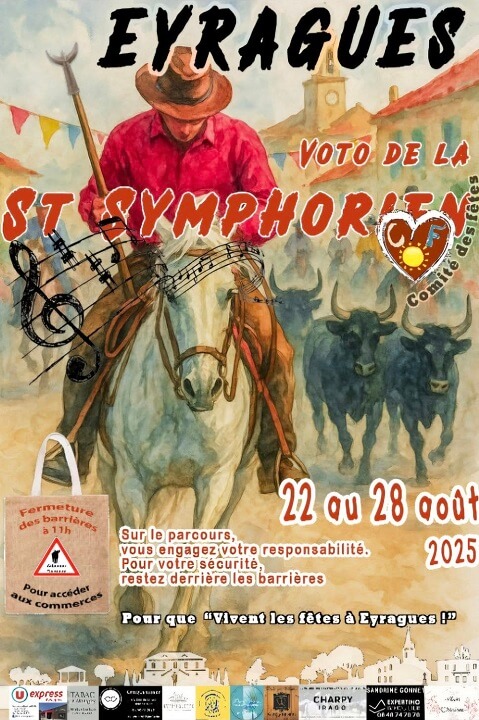 fete-votive-saint-symphorien-eyragues-2025-affiche Fête votive Saint Symphorien 2025 à Eyragues dans les Alpilles - Le programme complet des festivités : Intervillages, taureaux, apéro, soirée, dj