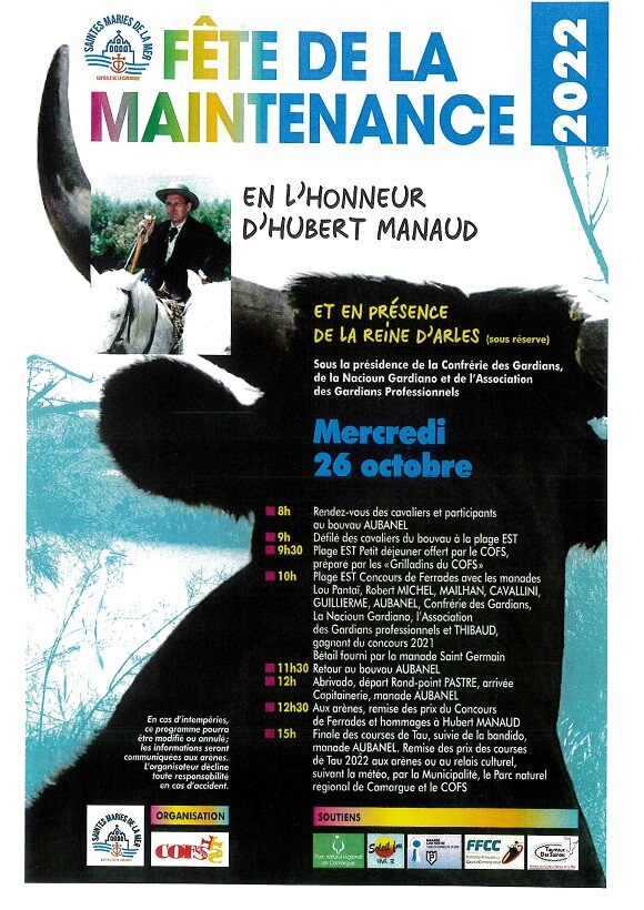 Affiche Fête de la Maintenance 2022 aux Saintes Maries de la Mer en Camargue - Gardians, concours de ferrades