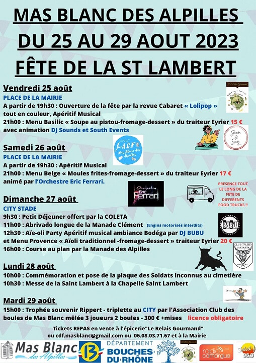 Programme fête Saint Lambert 2023 à Mas Blanc les Alpilles
