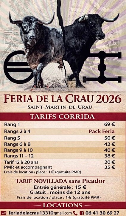 Tarifs arènes Féria de la Crau 2026 à Saint Martin de Crau
