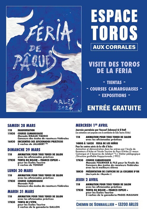 Affiche Espace Toros Féria de Pâques 2026 aux corrales de Gimeaux à Arles