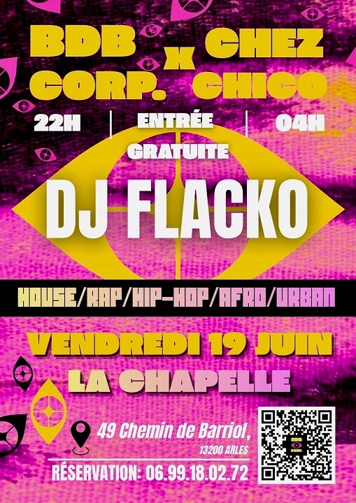 soiree-dj-flacko-chapelle-patio-camargue-arles-2026 Soirée BDB Corp à la chapelle du patio de Camargue à Arles le 19 juin 2026
